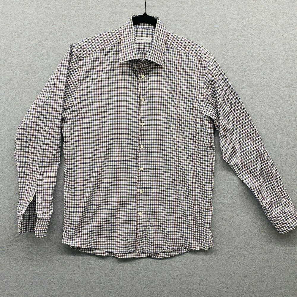 Etro 42 dress Shirt Mens Colorful Cotton Check Plaid Long Sleeve Button Up L